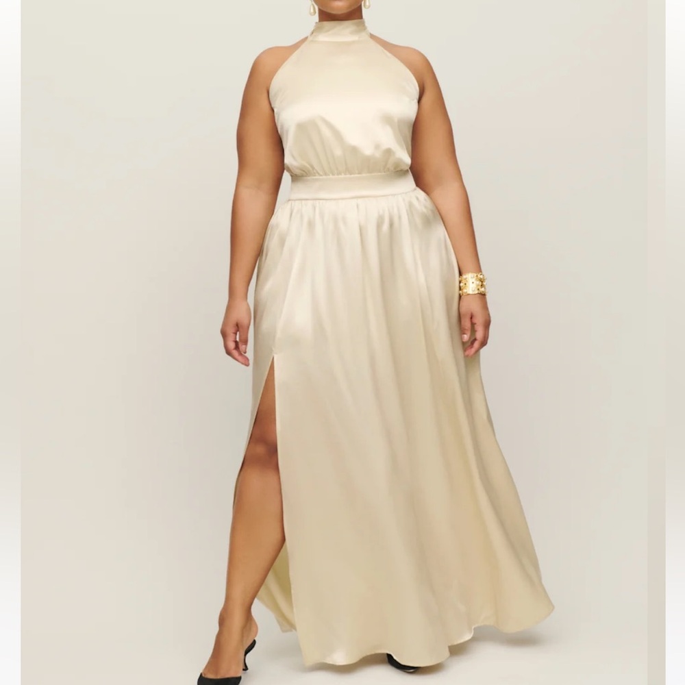 NWT NEW Reformation Ivory Alani Silk Side Slit Backless Halter Maxi Dress